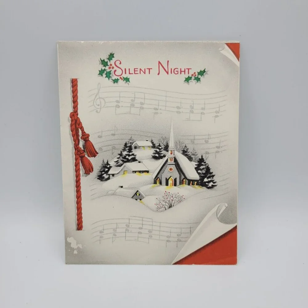 Vintage Silent Night Christmas Card With Red Rope Design &‎ Snowy Church Scene